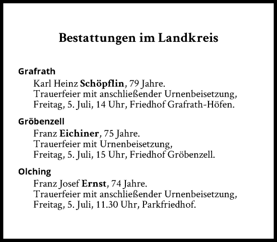 Traueranzeige von Bestattungen vom 05.07.2024 von Süddeutsche Zeitung