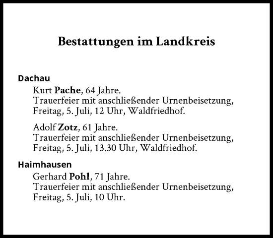 Traueranzeige von Bestattungen vom 05.07.2024 von Süddeutsche Zeitung