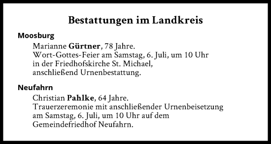 Traueranzeige von Bestattungen vom 06.07.2024 von Süddeutsche Zeitung