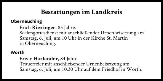 Traueranzeige von Bestattungen vom 06.07.2024 von Süddeutsche Zeitung