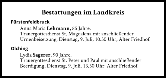 Traueranzeige von Bestattungen vom 09.07.2024 von Süddeutsche Zeitung