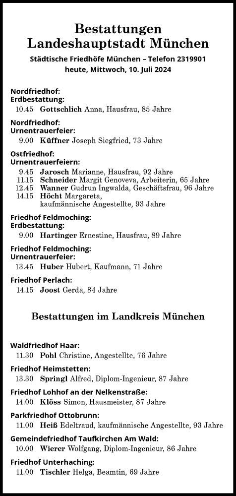 Traueranzeige von Bestattungen vom 10.07.2024 von Süddeutsche Zeitung