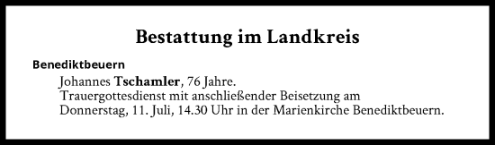 Traueranzeige von Bestattungen vom 11.07.2024 von Süddeutsche Zeitung