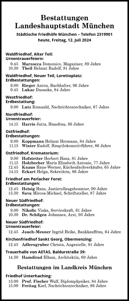 Traueranzeige von Bestattungen vom 12.07.2024 von Süddeutsche Zeitung