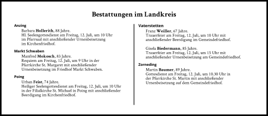 Traueranzeige von Bestattungen vom 12.07.2024 von Süddeutsche Zeitung