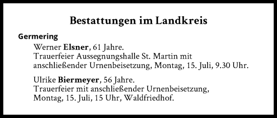Traueranzeige von Bestattungen vom 15.07.2024 von Süddeutsche Zeitung