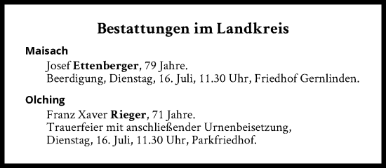 Traueranzeige von Bestattungen vom 16.07.2024 von Süddeutsche Zeitung
