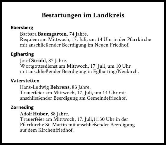 Traueranzeige von Bestattungen vom 17.07.2024 von Süddeutsche Zeitung
