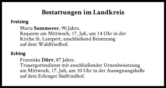Traueranzeige von Bestattungen vom 17.07.2024 von Süddeutsche Zeitung