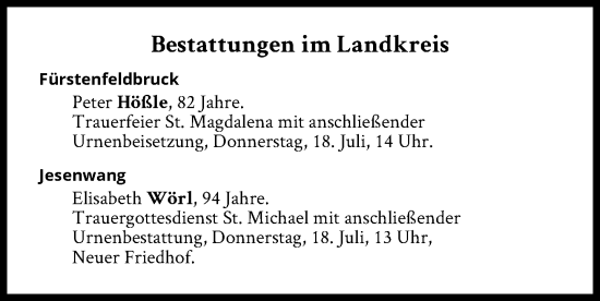 Traueranzeige von Bestattungen vom 18.07.2024 von Süddeutsche Zeitung