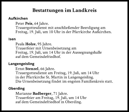 Traueranzeige von Bestattungen vom 19.07.2024 von Süddeutsche Zeitung