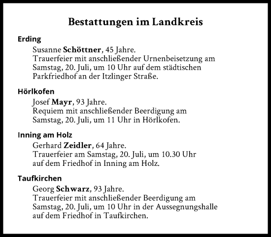 Traueranzeige von Bestattungen vom 20.07.2024 von Süddeutsche Zeitung