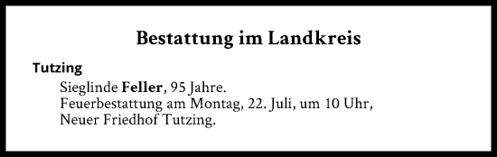 Traueranzeige von Bestattungen vom 22.07.2024 von Süddeutsche Zeitung