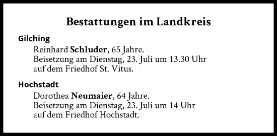 Traueranzeige von Bestattungen vom 23.07.2024 von Süddeutsche Zeitung
