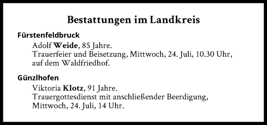 Traueranzeige von Bestattungen vom 24.07.2024 von Süddeutsche Zeitung