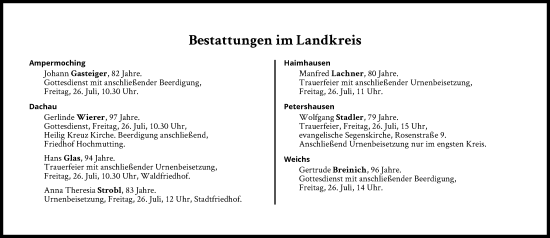Traueranzeige von Bestattungen vom 26.07.2024 von Süddeutsche Zeitung
