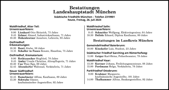 Traueranzeige von Bestattungen vom 26.07.2024 von Süddeutsche Zeitung