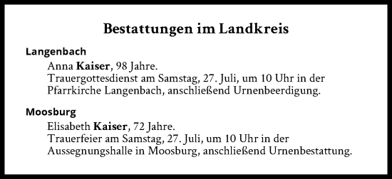 Traueranzeige von Bestattungen vom 27.07.2024 von Süddeutsche Zeitung