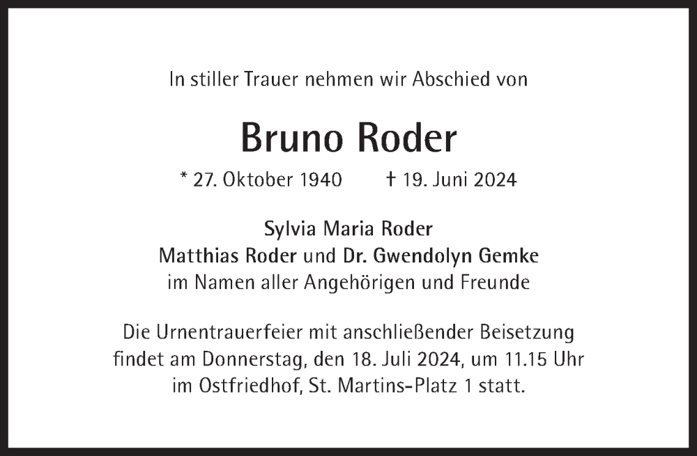  Traueranzeige für Bruno Roder vom 06.07.2024 aus Süddeutsche Zeitung