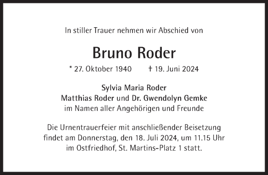 Traueranzeige von Bruno Roder von Süddeutsche Zeitung