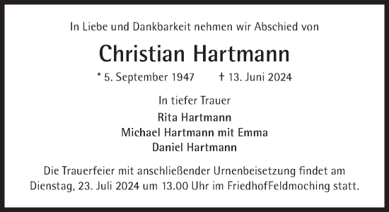 Traueranzeige von Christian Hartmann von Süddeutsche Zeitung