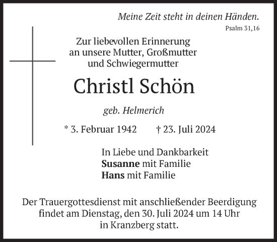Traueranzeige von Christl Schön von Süddeutsche Zeitung