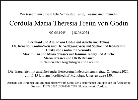 Traueranzeige von Cordula Maria  Theresia Freiin von Godin von Süddeutsche Zeitung