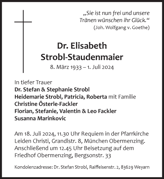 Traueranzeige von Elisabeth Strobl-Staudenmaier von Süddeutsche Zeitung