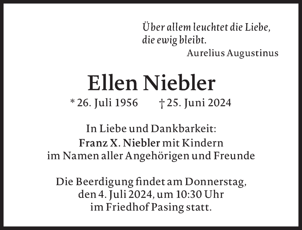  Traueranzeige für Ellen Niebler vom 02.07.2024 aus Süddeutsche Zeitung