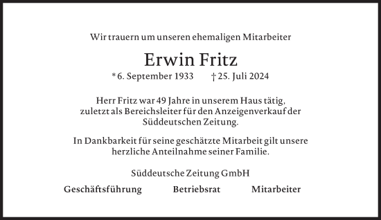 Traueranzeige von Erwin Fritz von Süddeutsche Zeitung