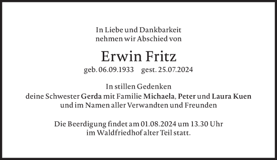 Traueranzeige von Erwin Fritz von Süddeutsche Zeitung