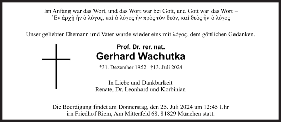 Traueranzeige von Gerhard Wachutka von Süddeutsche Zeitung