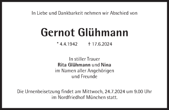 Traueranzeige von Gernot Glühmann von Süddeutsche Zeitung