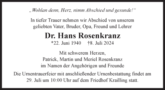 Traueranzeige von Hans Rosenkranz von Süddeutsche Zeitung