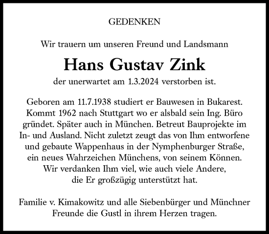 Traueranzeige von Hans Gustav Zink von Süddeutsche Zeitung