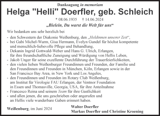 Traueranzeige von Helga Doerfler von Süddeutsche Zeitung