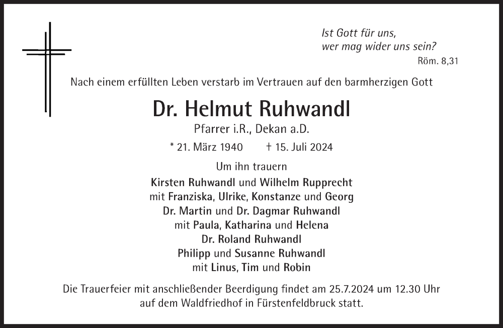  Traueranzeige für Helmut Ruhwandl vom 20.07.2024 aus Süddeutsche Zeitung