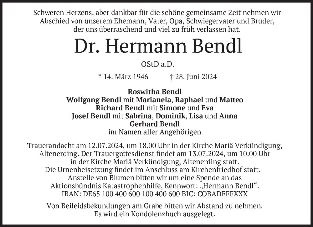  Traueranzeige für Hermann Bendl vom 05.07.2024 aus Süddeutsche Zeitung