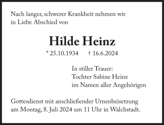 Traueranzeige von Hilde Heinz von Süddeutsche Zeitung