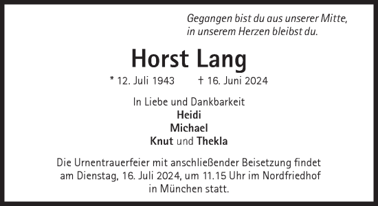 Traueranzeige von Horst Lang von Süddeutsche Zeitung