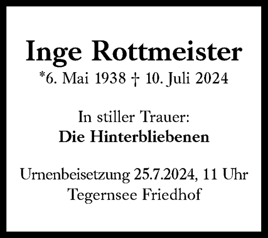 Traueranzeige von Inge Rottmeister von Süddeutsche Zeitung