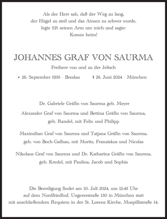 Traueranzeige von Johannes Graf v. Saurma Freiherr von und zu der Jeltsch von Süddeutsche Zeitung