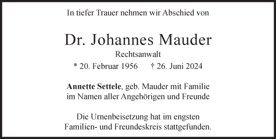 Traueranzeige von Johannes Mauder von Süddeutsche Zeitung