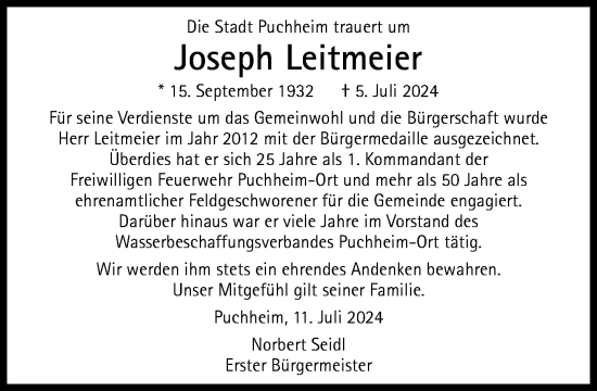 Traueranzeige von Joseph Leitmeier von Süddeutsche Zeitung