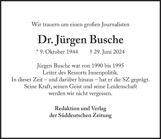 Traueranzeige von Jürgen Busche von Süddeutsche Zeitung