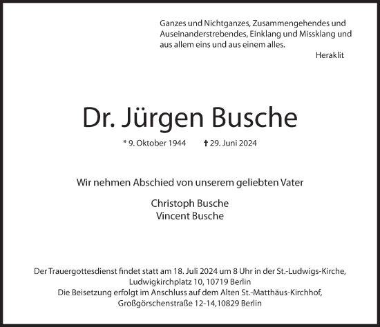 Traueranzeige von Jürgen Busche von Süddeutsche Zeitung