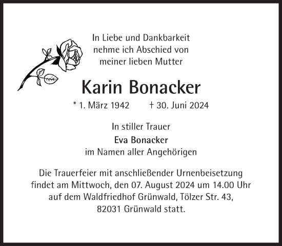 Traueranzeige von Karin Bonacker von Süddeutsche Zeitung