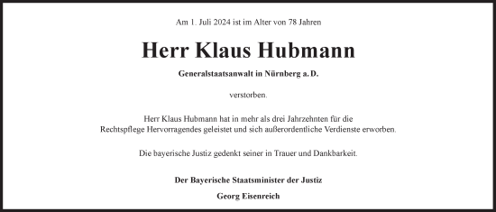 Traueranzeige von Klaus Hubmann von Süddeutsche Zeitung