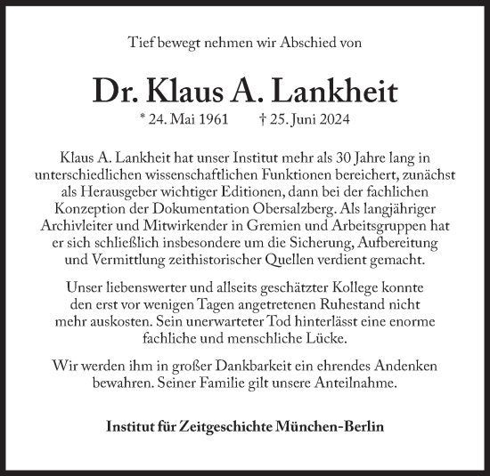 Traueranzeige von Klaus  Lankheit von Süddeutsche Zeitung