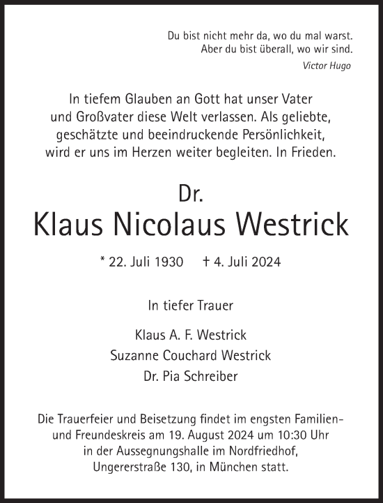 Traueranzeige von Klaus Nicolaus Westrick von Süddeutsche Zeitung